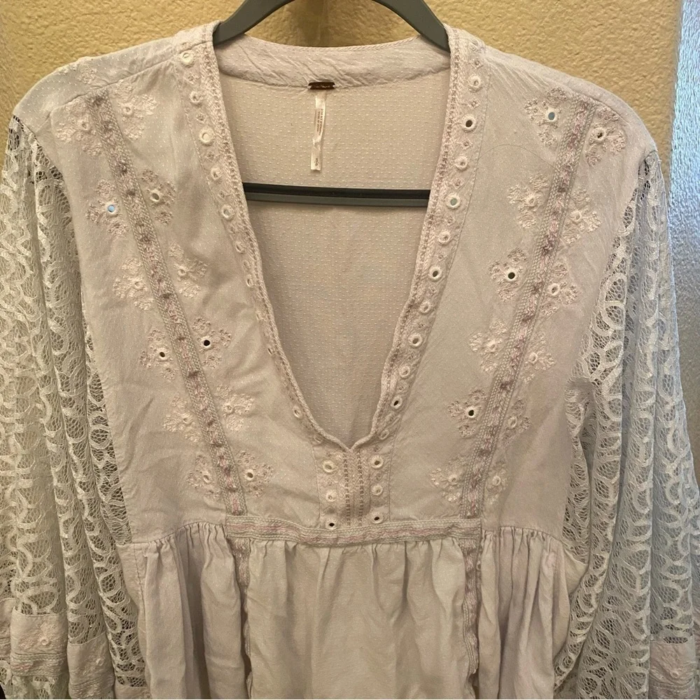 FREE PEOPLE Women Light Blue Boogie All Night Lace Balloon Sleeves Boho Top-S